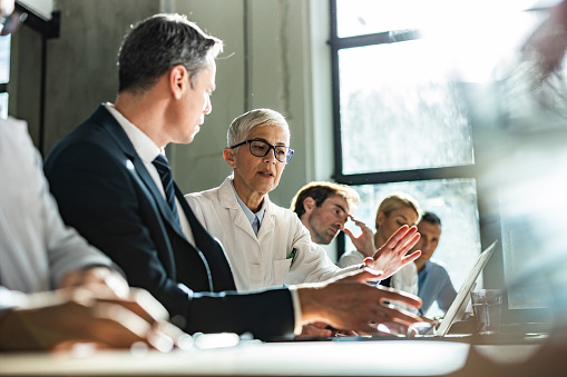 Mature female doctor cooperating with an entrepreneur while working on a computer during a meeting with their colleagues in the office. 